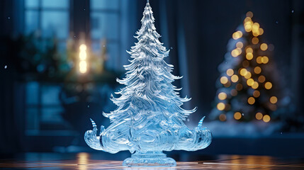 Christmas tree made of ice on the background of the Christmas interior.