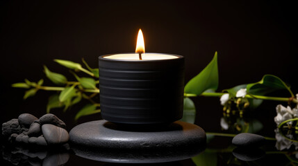 Cozy burning candle in black ceramics jar. Relax, mindfulness spa, home decor interior details, comfort concept