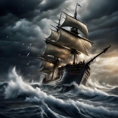 In the midst of a raging tempest, a legendary ship valiantly battles towering waves, embodying an epic struggle and unwavering determination
