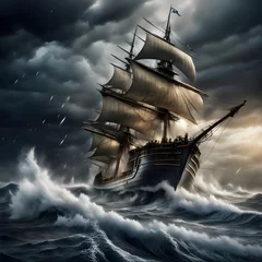 Foto auf Alu-Dibond In the midst of a raging tempest, a legendary ship valiantly battles towering waves, embodying an epic struggle and unwavering determination © Thiyanga