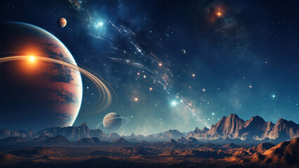 Cosmic landscape with planets, stars and galaxies