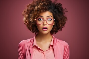 Portrait of a surprised young woman in glasses and vibrant attire.