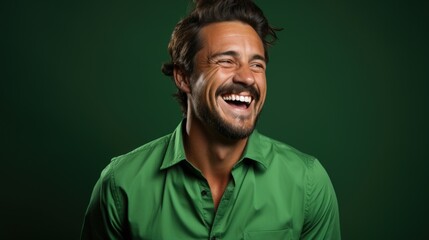 Fototapeta premium Young laughing man in bright clothes against a plain background.