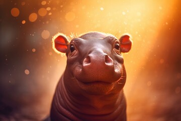 Cute baby hippopotamus against a blurred bokeh background.