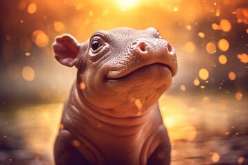 Cute baby hippopotamus against a blurred bokeh background. - obrazy, fototapety, plakaty