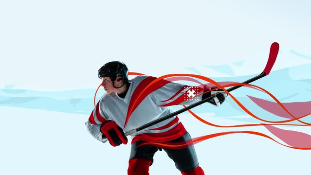 Young man, professional hockey player in protective uniform training isolated over light background. Stop motion, animation. Modern design. Concept of winter sports, healthy lifestyle, ad
