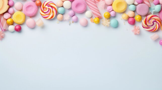 space for text on pastel background surrounded by sweets and candies from top view, background image, AI generated
