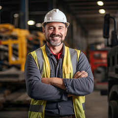 Candid shot of a smiling confident male factory worker with arms crossed, industrial construction industry
