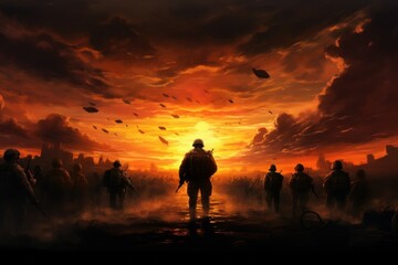 Dedicated Army during sunset. Ranger soldier training. Generate Ai