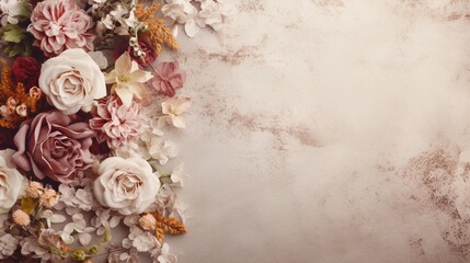 space for text on textured background surrounded by decorative florals from top view, background image, AI generated