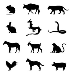 A set of the Chinese zodiac signs. Animal silhouettes of Chinese astrology. The Chinese horoscope symbol of the year. A vector illustration isolated on a white background.