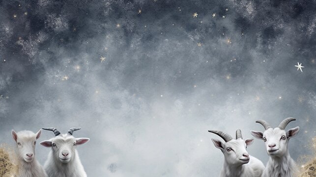 space for text on textured background with cute baby goats from top view, background image, AI generated