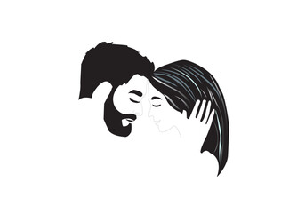 Portrait line art of сouple in love drawing style.Loving man and woman hug each other black hair line art sketch illoustration.