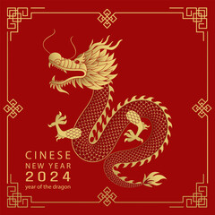 Red Chinese New Year background with golden dragon. Vector illustration