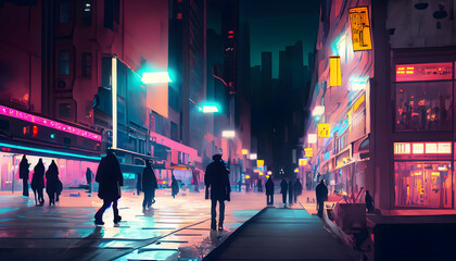 City walking, on sidewalk in a busy city night neon light for background, Generative AI. - obrazy, fototapety, plakaty
