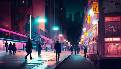 Foto op Plexiglas City walking, on sidewalk in a busy city night neon light for background, Generative AI. © Watercolor_Concept