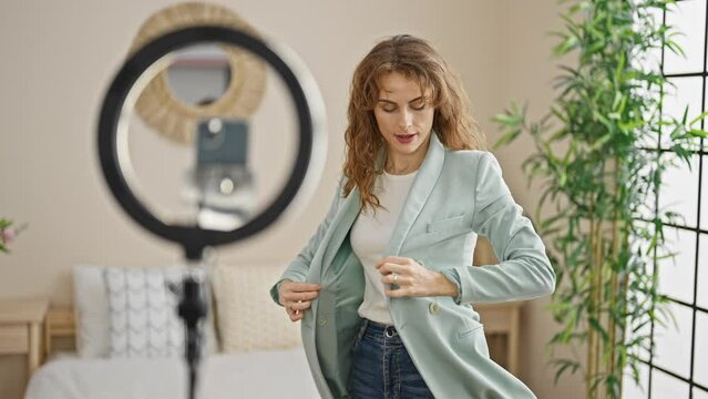 Young woman recording fashion video tutorial wearing jacket at bedroom