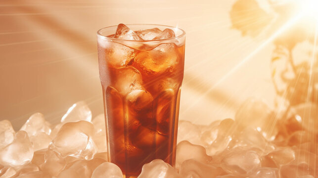 Iced coffee with a beige background and sun light coming in
