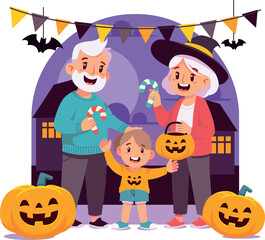 Happy Grandparents preparing trick-or-treating with Granddaughter, Happy Halloween
