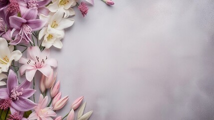 space for text on textured background surrounded by lily and orchid flowers from top view, background image, AI generated