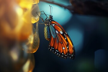 Close-up of a butterfly emerging from a chrysalis, wings unfolding with vibrant colors. Generative AI