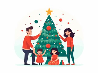Obraz na płótnie Canvas AI Generative. A minimalist character illustration of a family decorate a Christmas tree