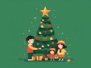 AI Generative. A minimalist character illustration of a family decorate a Christmas tree