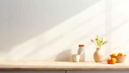 Cup of milk and fresh fruits on wooden table against white wall