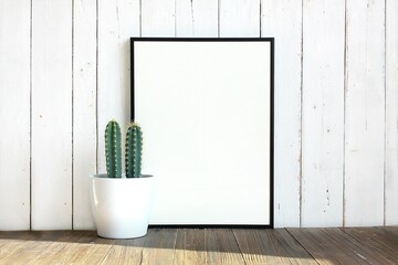 A3 white Poster Frame Mockup. white frame with Cactus
 for mockup 