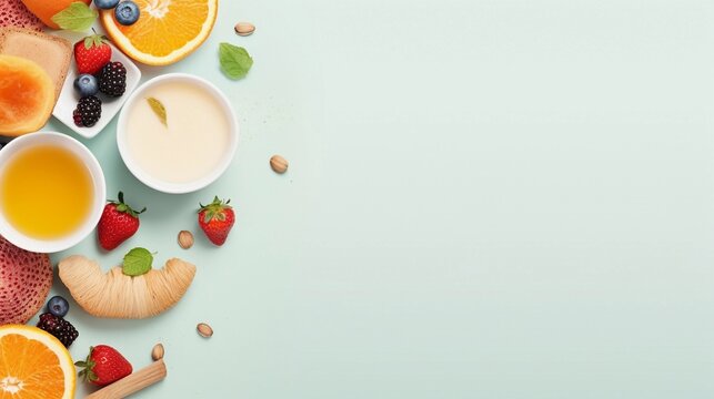 space for text on pastel background surrounded by delicious breakfast meal from top view, background image, AI generated