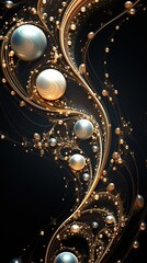 Vertical Gold pattern with pearls on black background, Fashion illustration, waves interweaving, Collection of jewelry, abstract design