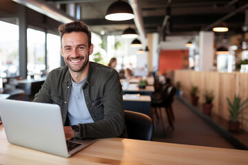 Casual shot of a smiling businessman behind his laptop at his working desk looking at the camera, daylight
