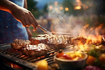 Grilling fresh produce and meat on summer barbecue