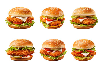 fresh crispy chicken burger collection isolated on a transparent background - obrazy, fototapety, plakaty