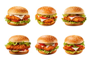 fresh crispy chicken burger collection isolated on a transparent background