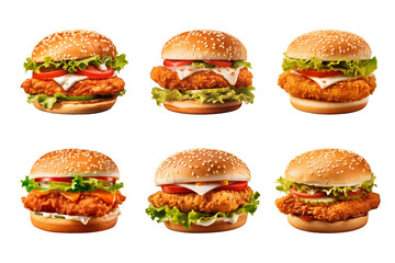fresh crispy chicken burger collection isolated on a transparent background