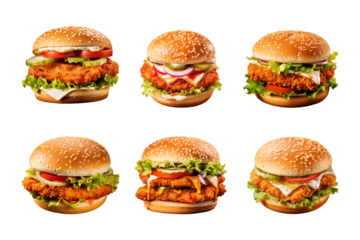 fresh crispy chicken burger collection isolated on a transparent background