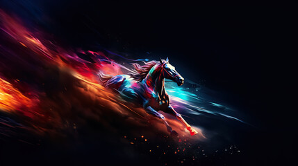 magical racing horse on black background, beautiful fantasy equine wallpaper - obrazy, fototapety, plakaty