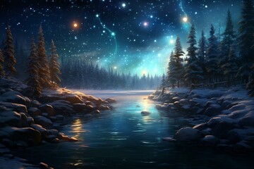 Aesthetic festive backdrop featuring a luminous pine wood, sparkling sky, and a flowing river. Generative AI