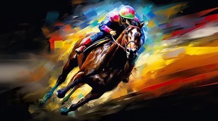 Zelfklevend Fotobehang illustration of fast horseman rider and horse at race on black background, equine sport and speed concept © goami