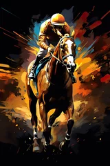 Foto op Canvas illustration of fast horseman rider and horse at race on black background, equine sport and speed concept © goami