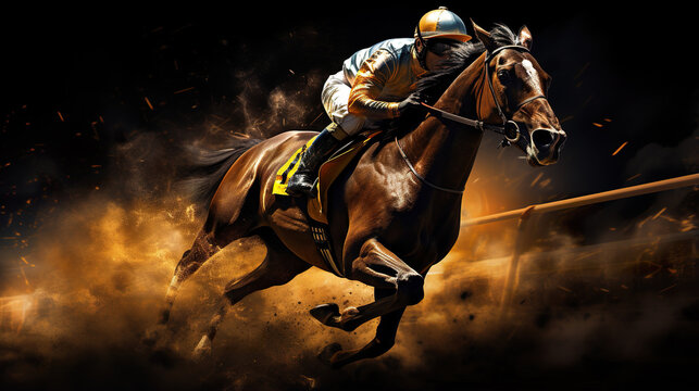 illustration of fast horseman rider and horse at race on black background, equine sport and speed concept