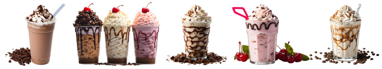 Set of fresh various delicious, creamy, classic , chocolate, and strawberry milkshakes