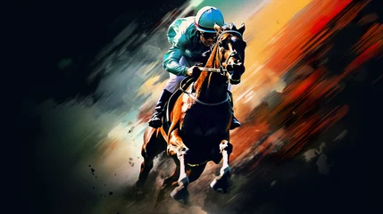 Foto op Canvas  illustration of fast horseman rider and horse at race on black background, equine sport and speed concept  © goami