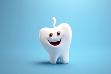Funny picture of white cute smiling tooth cartoon character with face, isolated on a blue background.
