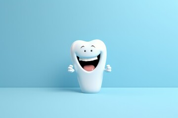 Funny picture of white cute smiling tooth cartoon character with face, isolated on a blue background.