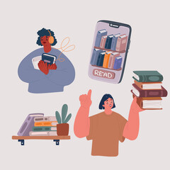 Vector illustration of Set of people literature fans with books. Collection of reading women, students preparing to exam. Person book lovers and readers. Education, bookshelf concept, e-book