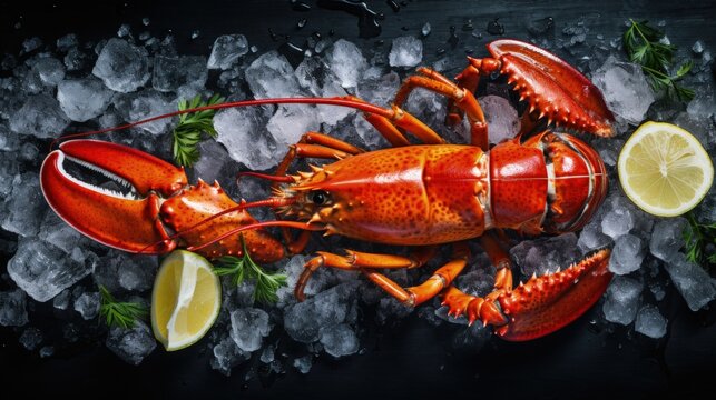 Top view of a whole red lobster with ice and lemon. Generative AI