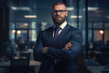 Portrait of a brutal male manager in a blue business suit against a dark office background. - obrazy, fototapety, plakaty