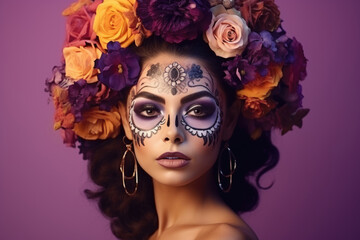 Naklejka premium Portrait of cute brunette with holiday art makeup day of the dead and flowers on her head on purple background.